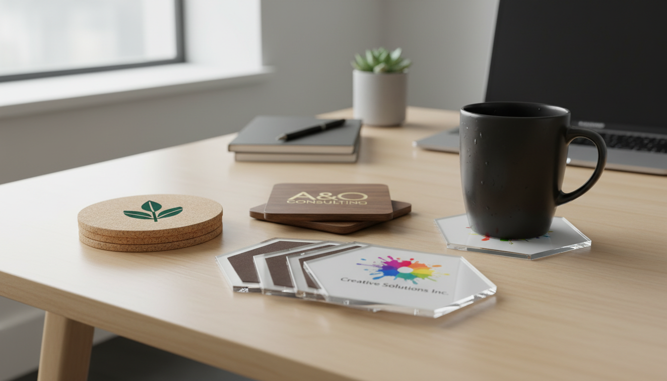 A_photorealistic_highresolution_20260202093 (1) Custom Promotional Coasters for Offices - Personalized Wood, Cork, & Acrylic Drink Mats