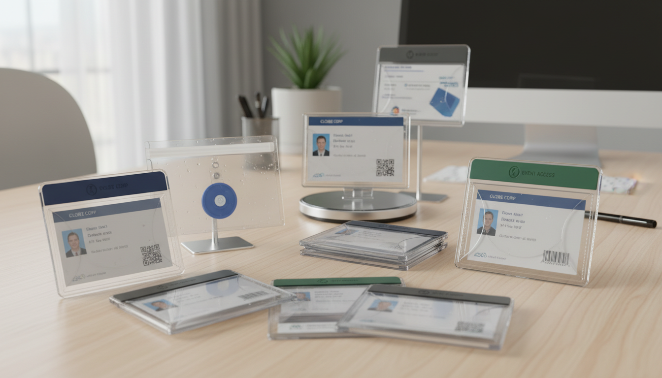 A_photorealistic_highresolution_20260202093 (2) Custom Promotional Plastic Card Holders - Transparent Vinyl ID Badge Protectors for Events
