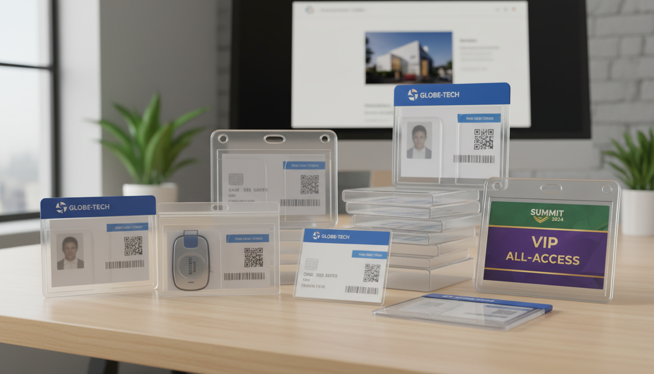 A_photorealistic_highresolution_20260202093 (3) Custom Promotional Plastic Card Holders - Transparent Vinyl ID Badge Protectors for Events