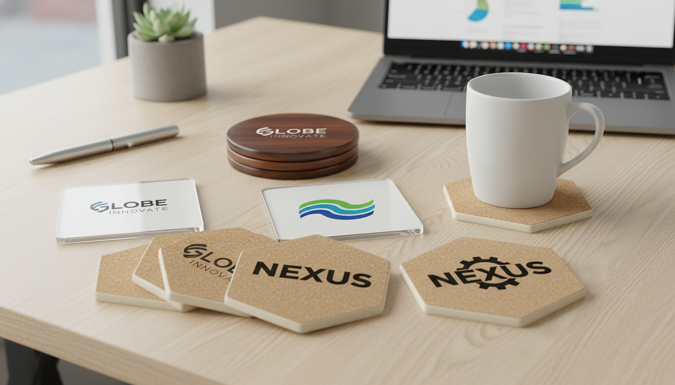 A_photorealistic_highresolution_20260202093 Custom Promotional Coasters for Offices - Personalized Wood, Cork, & Acrylic Drink Mats